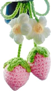 Crochet Strawberry Rear View Mirror Accessories, Flower Car Mirror Hanging Accessories, Cute Car Accessories for Women Interior Car Hanging Ornament Car Decor/Bag Charms