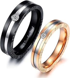 Rockyu Jewelry Accessories, Men's Pair Ring, Black Titanium Ring with Zirconia, Single Diamond Ring, Sparkling, Stylish, Wedding Ring, Engagement Ring, Engraved, Couple Style, Popular, Individual Sale