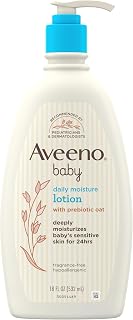 Aveeno Baby Daily Moisture Body Lotion, Fragrance Free, 18 fl. oz | Prebiotic Oatmeal Baby Lotion, Deeply Moisturizes Sensitive Skin, Hypoallergenic, No Added Parabens