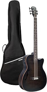 WishMade 5 String Acoustic Electric Bass Guitar Hollow Body Black | Flamed okoume top, sapele back and sides, F-hole body delivers warm organic tone for jazz fusion and acoustic performances