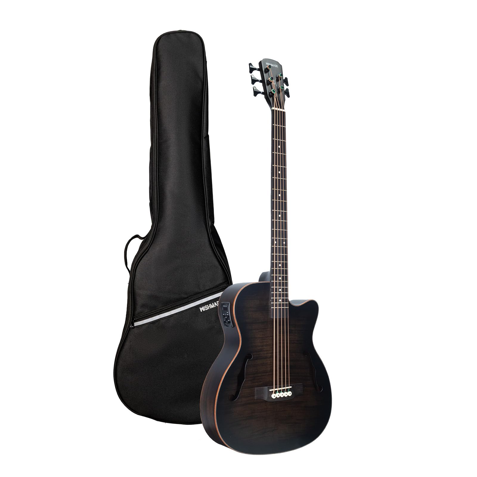 WishMade 5 String Acoustic Electric Bass Guitar Hollow Body Black | Flamed okoum