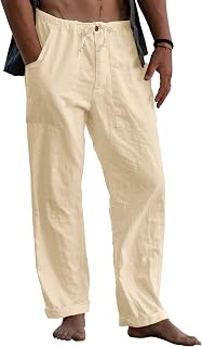 Mens Linen Pants Yoga Beach Loose Fit Casual Summer Elastic Waist Adjustable Drawstring Baggy Pants with Pockets