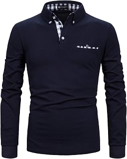 STTLZMC Men's Long Sleeve Polo Shirts Casual Fit Plaid Collar Cotton Golf T-Shirts