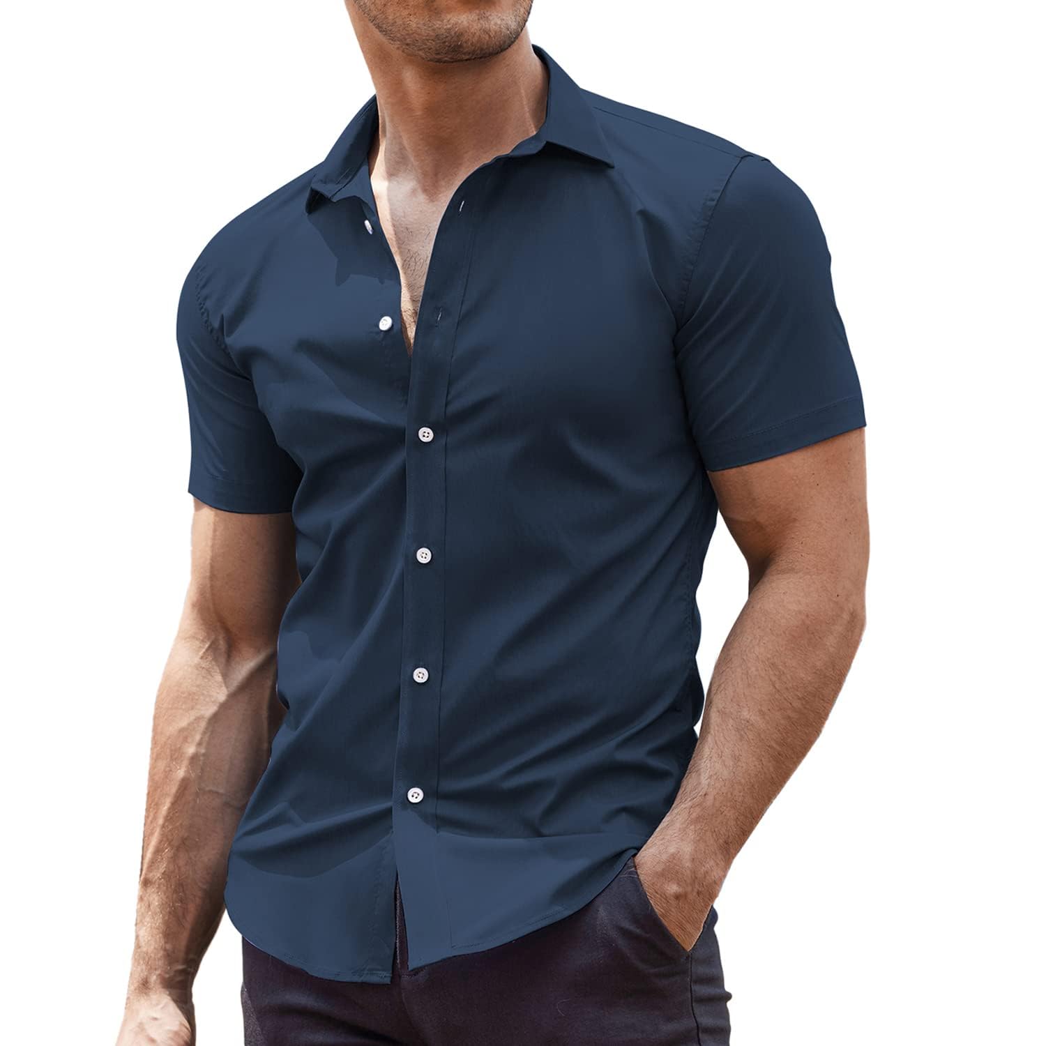 COOFANDY Men's Muscle Fit Dress Shirts Wrinkle-Free Short Sleeve Casual Button D
