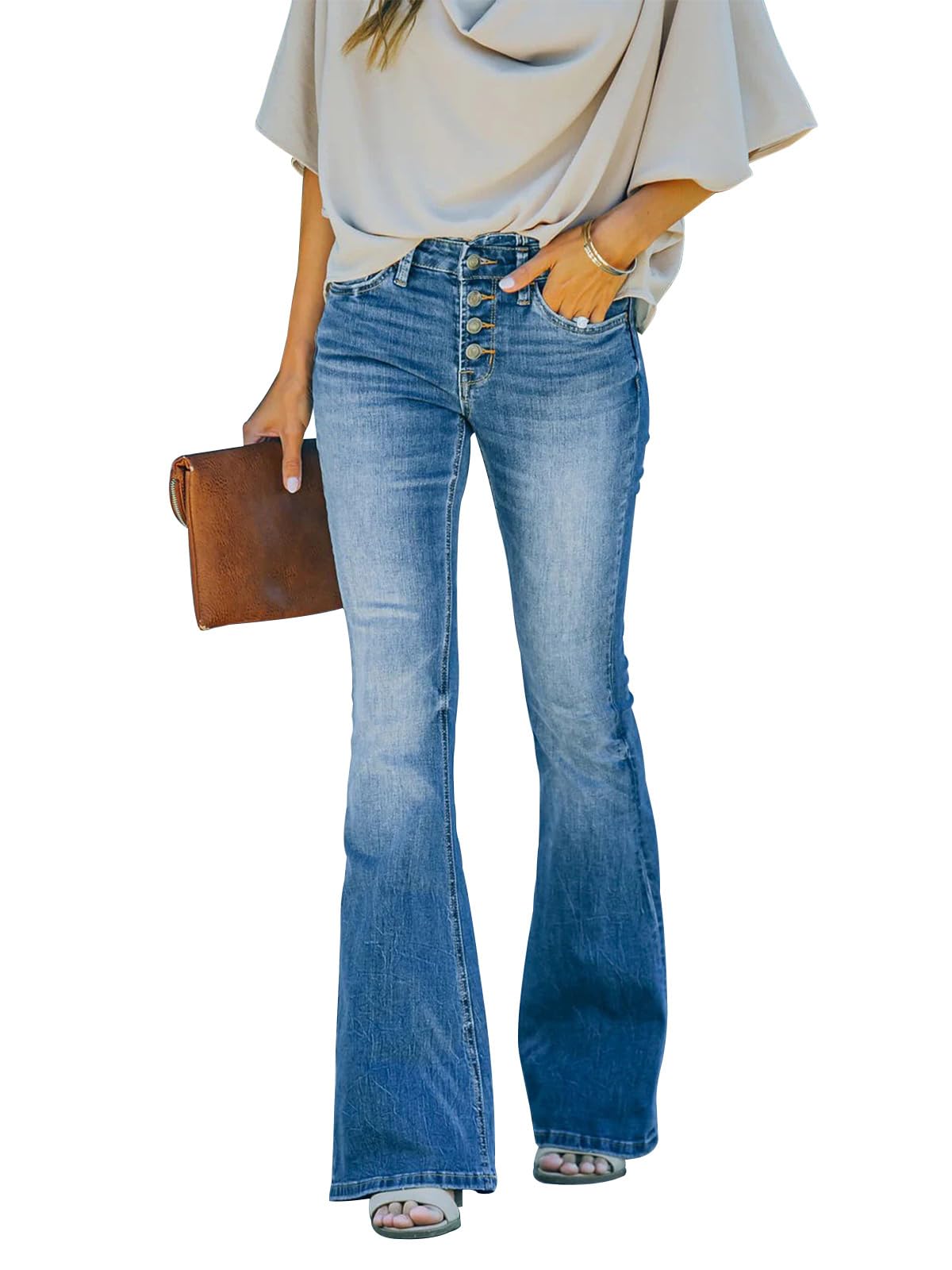 KUNMI Women Flared Jeans Bell Bottom High Waist Wide Leg Bootcut Stretch Jeans D