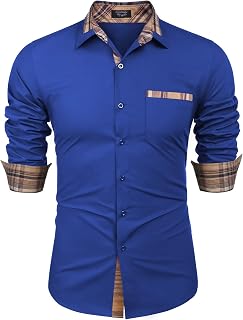 COOFANDY Camisa de vestir de manga larga de algodón casual de los hombres con botones de cuello a cuadros, Azul marino, Large
