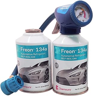 2 Cans of Chemours Freon R134a for MVAC use in a 12-Ounce Self-Sealing Container with Gauge and Hose Dispenser