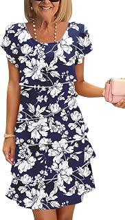 Onsoyours Women Summer Chiffon Dress Round Neck Elegant Evening Dresses Flowers Print Short Sleeve Ruffles Lightweight And Breathable Mini Dress Casual Cocktail