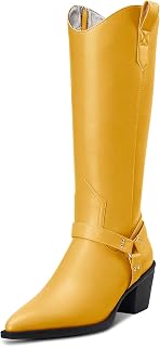 Aachcol Women's Western Cowboy Boots Medium Shaft Pull-Up Pointed Toe Chunky Wide Medium Heel Dress Shoes Suede Shopping Zip 6.5 cm