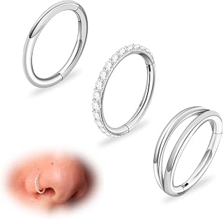 Sweetkiki 18G 3Pcs Nose Rings Hoop Studs Surgical Steel Septum Ring Tragus Cartilage Clicker CZ Small Gold Silver Double Nose Ring Nose Hypoallergenic Nose Body Piercing Jewelry for Women Men