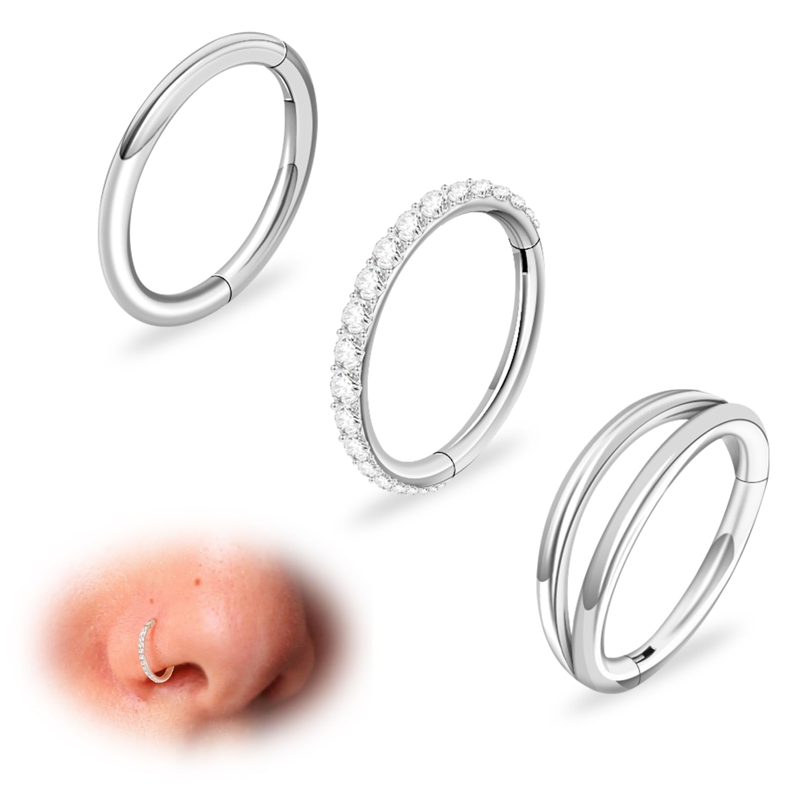 Sweetkiki 18G 3Pcs Nose Rings Hoop Studs Surgical Steel Septum Ring Tragus Carti