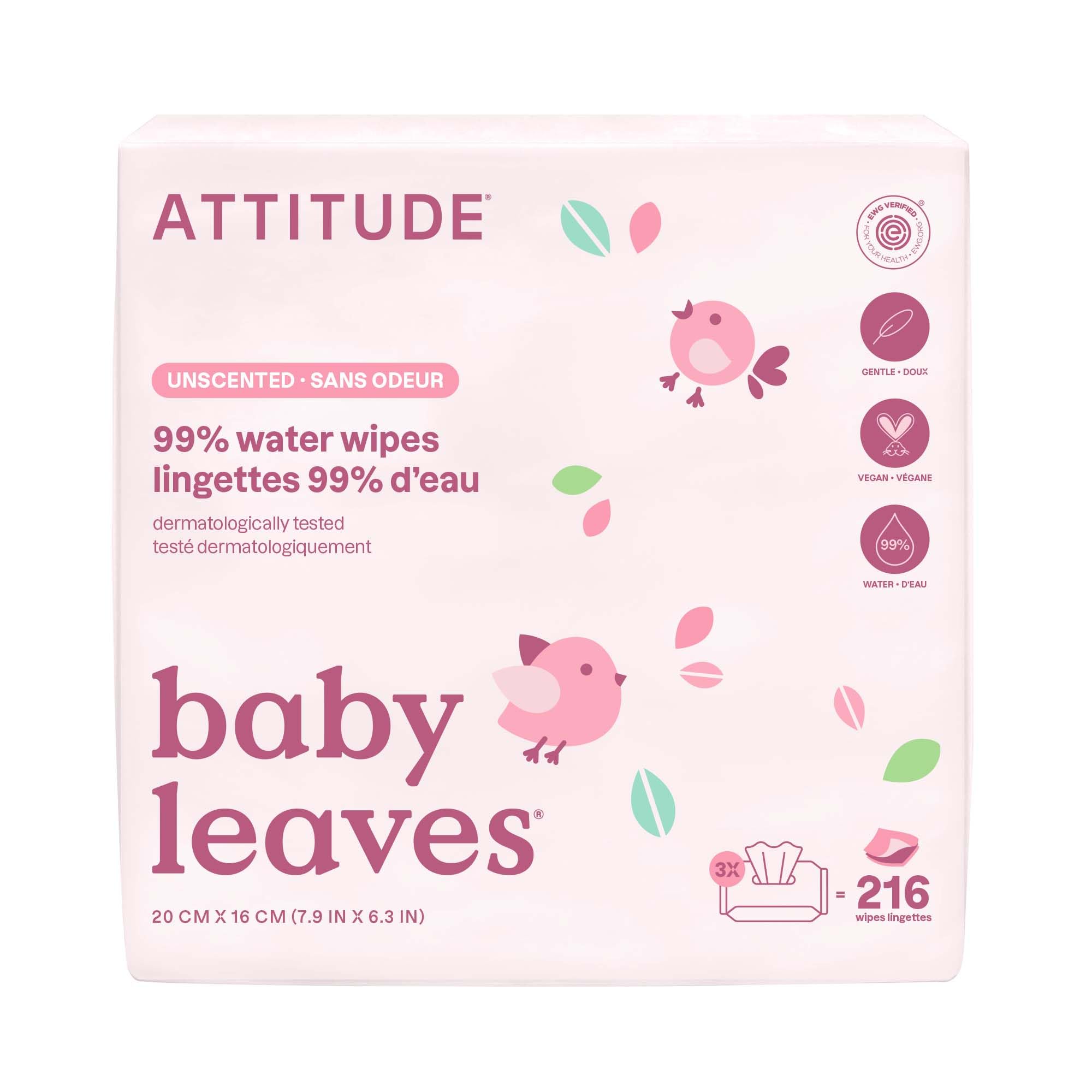 ATTITUDE Baby Water Wipes, EWG Verified, Safe for Newborns, Unscented & Fragranc