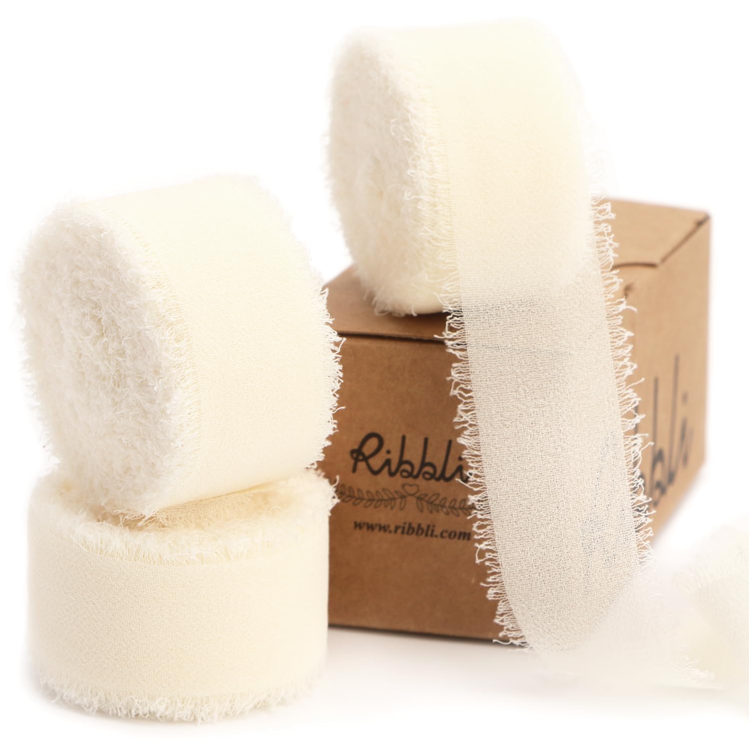 Ribbli Ivory Ribbon 1 Inch x 3 Rolls Total 24 Yards Ivory Handmade Fringe Chiffo