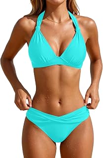Yonique Zweiteiliger Damen-Badeanzug, Push-Up-Bikini-Set, Neckholder, Vintage-Bademode