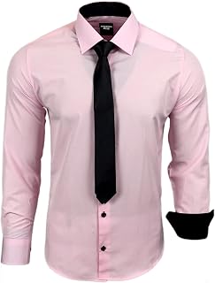 Subliminal Mode - Men's Long-Sleeved Shirt with Two-Tone Collar Plain + Black Tie Shirt Slim Fit Business Easy Iron RN77