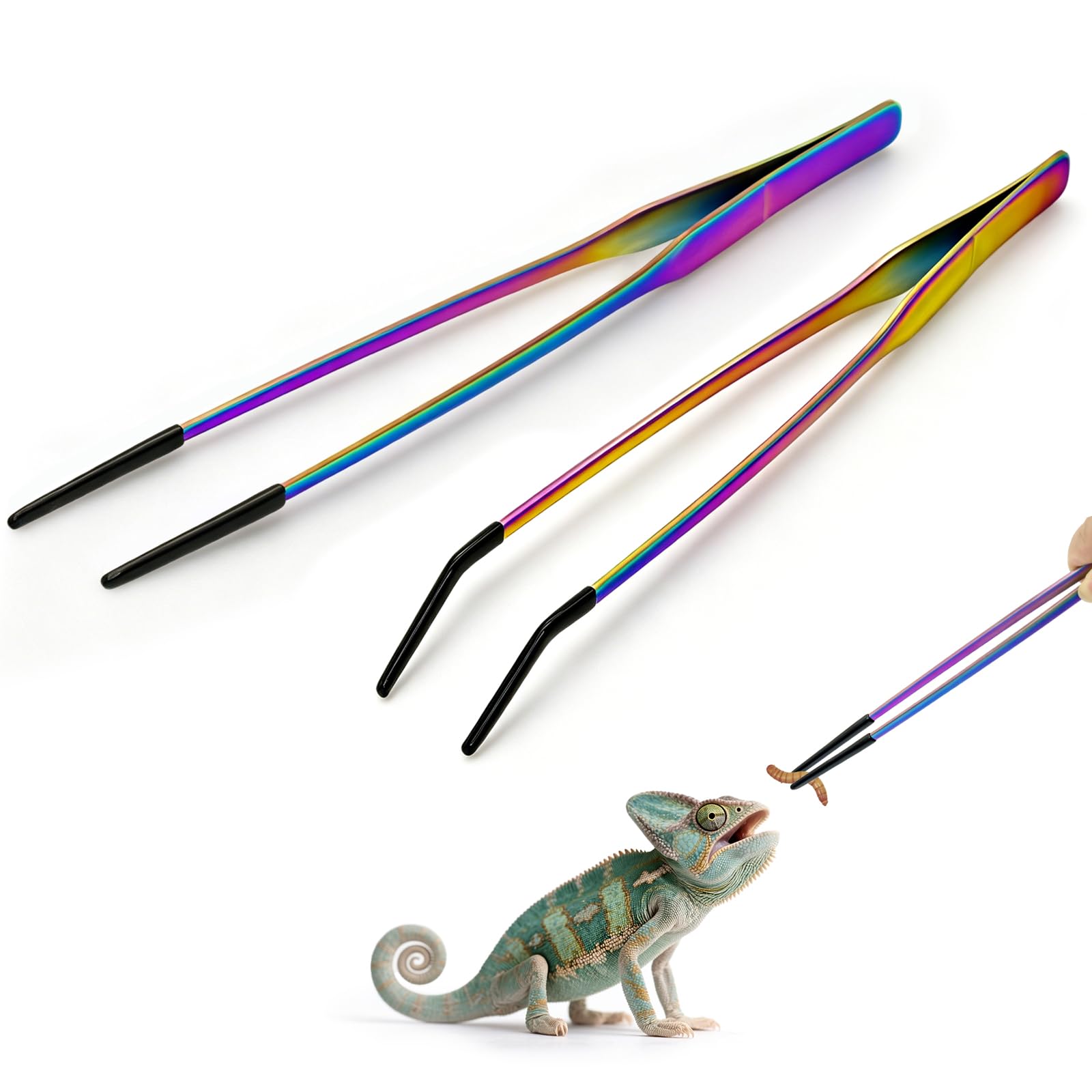 Syn-zer Reptile Feeding Tongs, 10.6" Straight & Curved (Multicolor) | 2 Pcs Stai
