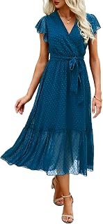 BTFBM Women Summer Casual Wrap V Neck Ruffle Cap Sleeve Belted Midi Dress