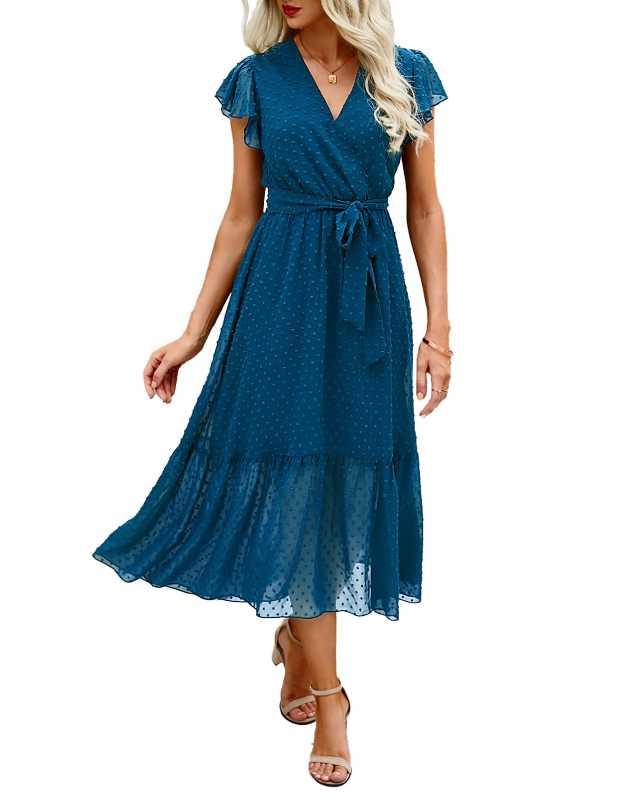 BTFBM Women Summer Casual Wrap V Neck Ruffle Cap Sleeve Belted Midi Dress