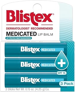 Blistex Medicated Lip Balm SPF 15, 24 Hr Moisture, 0.15 oz, 3 Count | Easy glide formula to soothe irritated lips, seals in lip moisture to help prevent lip dryness &amp; chapping, SPF 15