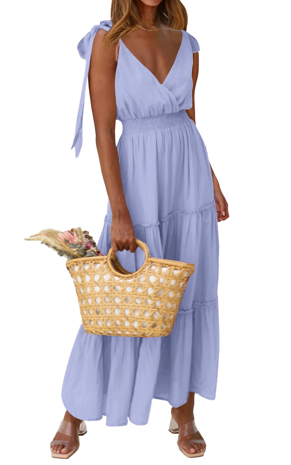 PRETTYGARDEN Women Summer Maxi Dress Cross Neckline Sleeveless Tiered Smocked Lo