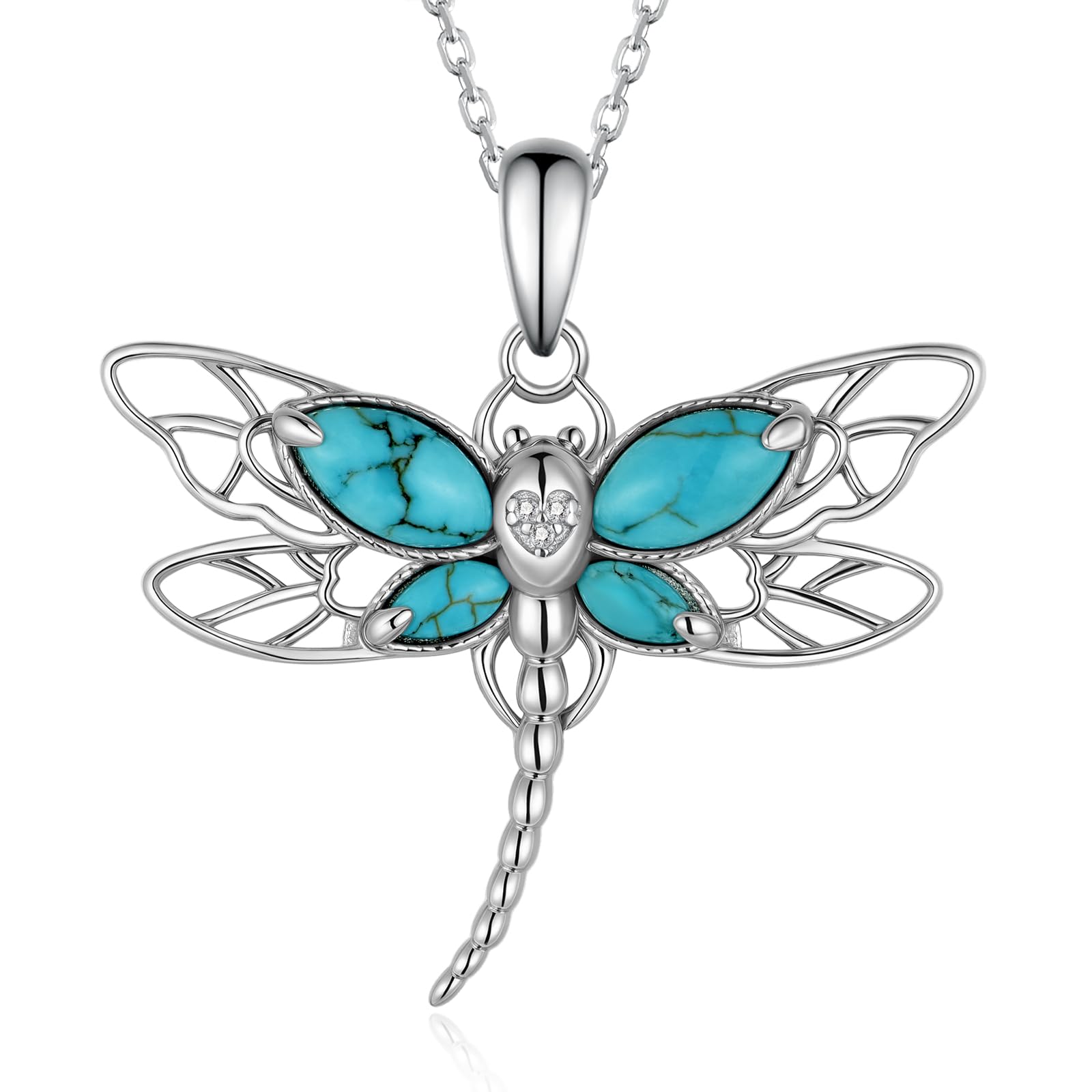 925 Sterling Silver Real Turquoise Dragonfly Necklace - Genuine Turquoise Pendan