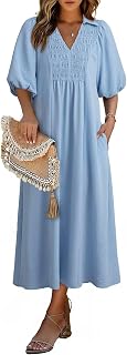 Dokotoo Summer Dresses for Women 2026 Casual Dresses V Neck Puff Sleeve Empire Waist A-Line Maxi Dress
