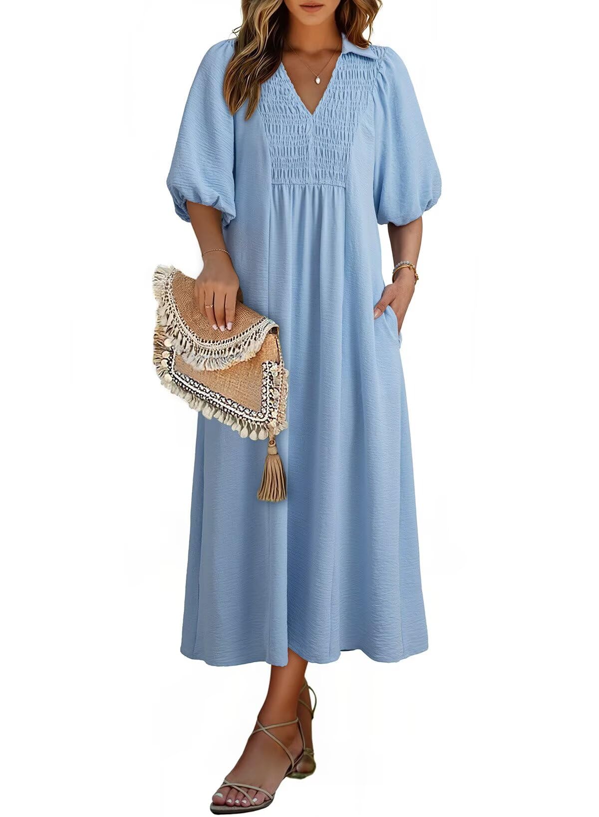 Dokotoo Summer Dresses for Women 2026 Casual Dresses V Neck Puff Sleeve Empire W