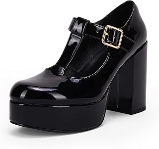 Coutgo Zapatos de vestir Mary Jane con correa en T y puntera redonda y plataforma gruesa para mujer