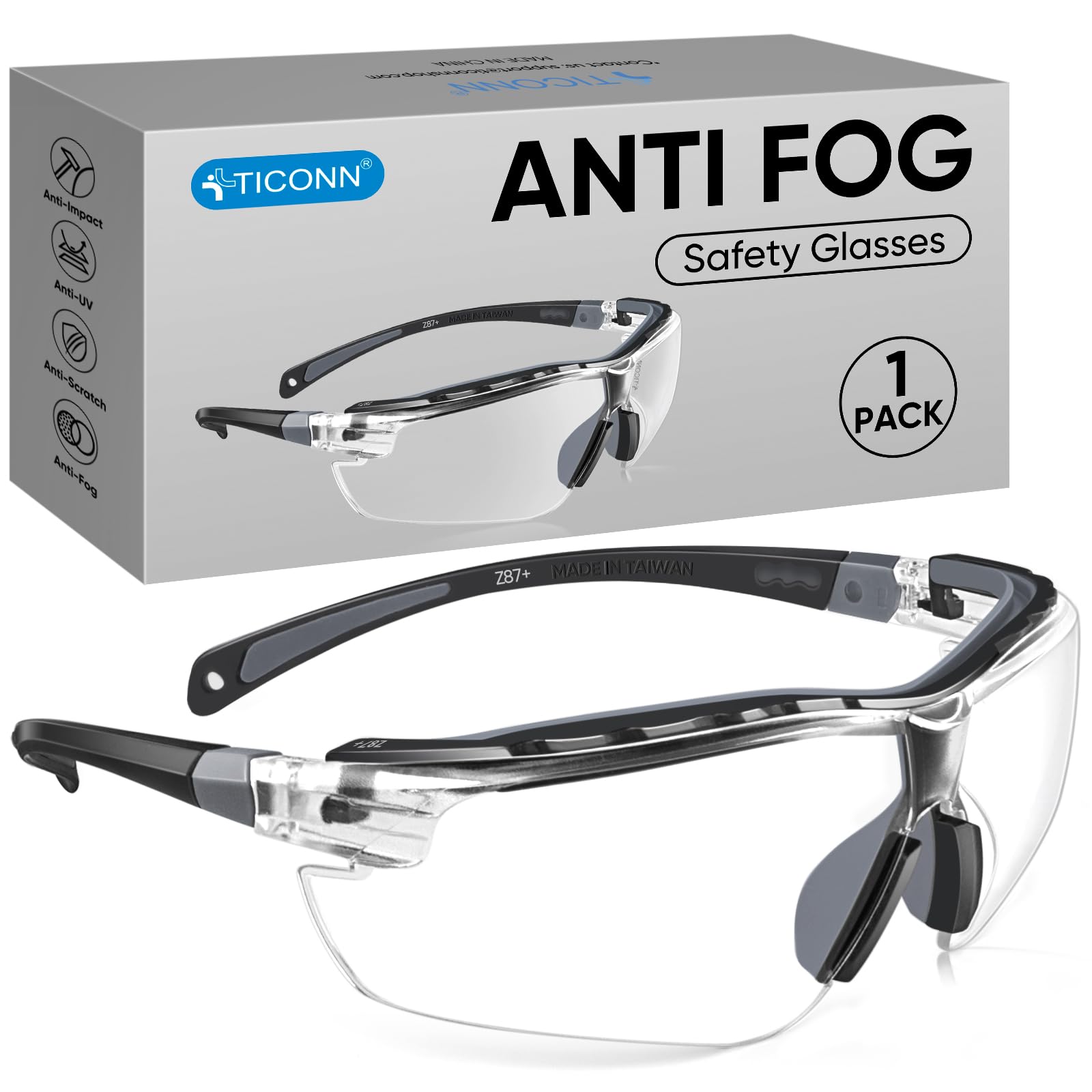 TICONN Anti-Fog Safety Glasses for Men & Women, ANSI Z87.1 Eye Goggles | UV Eye 