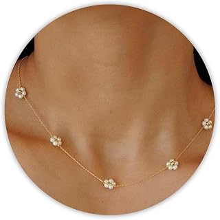 SmileBelle Pearl Necklaces for Women, 18K Gold Choker | Pearl Strand Necklaces as Summer Gifts for Teens, Silver Daisy Flower Gifts, 3 Pearls White Necklace as Bridesmaid Gift