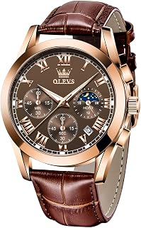 OLEVS Mens Watches Brown Leather Gold Case Analog Quartz Fashion Business Dress Watch Day Date Luminous Waterproof Casual Male Wrist Watch, Brown Leather Rose Gold 2871,