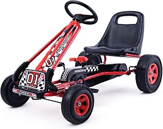 Costzon Go Kart for Kids, 4 Wheel Off-Road Pedal Go Cart w/Adjustable Seat, 2 Safety Brakes, EVA Rubber Tires, Ride-On Toys for Boys Girls, Outdoor Racer Pedal Car (Red, 40" L x 24''W x 24.5''H)