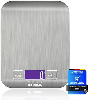 GRIFEMA - GA2002, Kitchen Scales with LCD Display, Stainless Steel, Multifunctional Food Scale 5 kg/11 lbs, Grey: Screen Color: Blue [Amazon Exclusive]