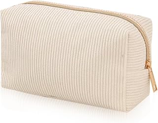 YONEEKSS Corduroy Makeup Bag Small Cosmetic Pouch for Handbag (Beige) | Gold tone zip, lined interior, compact box shape, handbag storage, cosmetics, toiletries, travel, daily organisation