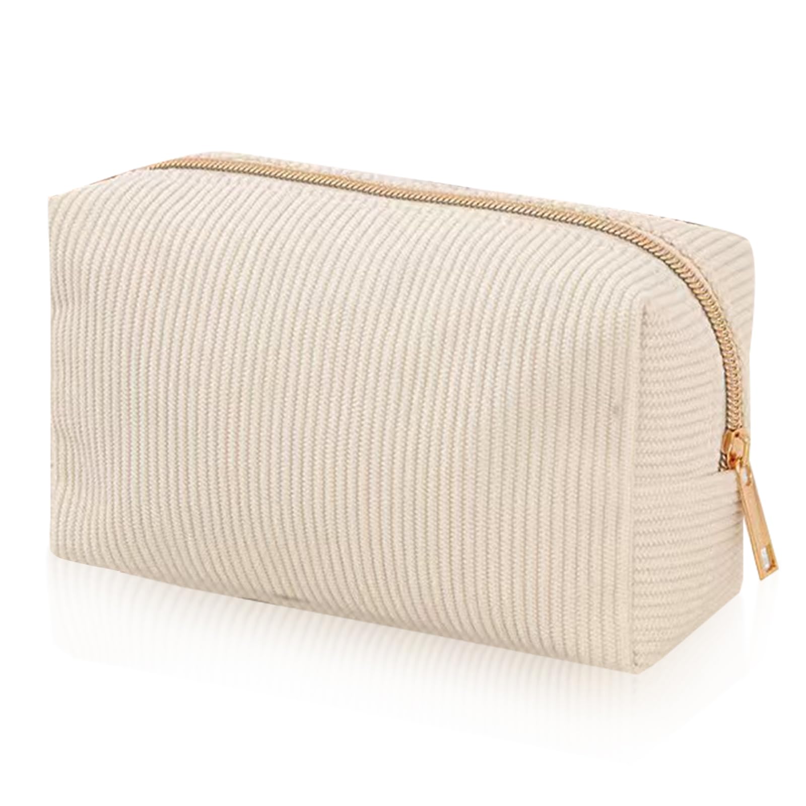 YONEEKSS Corduroy Makeup Bag Small Cosmetic Pouch for Handbag (Beige) | Gold ton