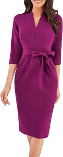 GRACE KARIN Women's Elegant Office 3/4 Sleeve V Neck Back Slit Slim Midi Dress
