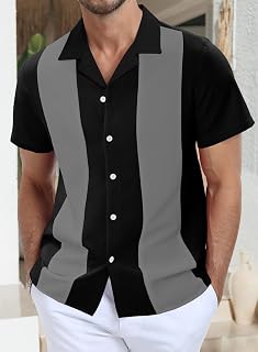 Men Short Sleeve Blouse Color Blocked Beach Shirts Casual Dressy Button Down Shirts