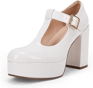 Coutgo Donna Punta Rotonda Brevetto Tacco Alto Piattaforma Mary Janes Pumps Scarpe, bianco, 43 EU