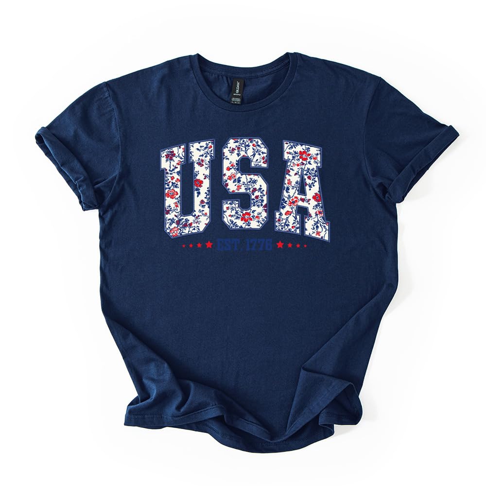 USA Est 1776 T-Shirt - Patriotic Floral Graphic Tee - Vintage Collegiate America