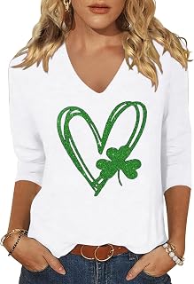 Woffccrd Womens 3/4 Sleeve V Neck T-Shirts Valentina's Day Spring Shirts Love Heart Printed Graphic Tees