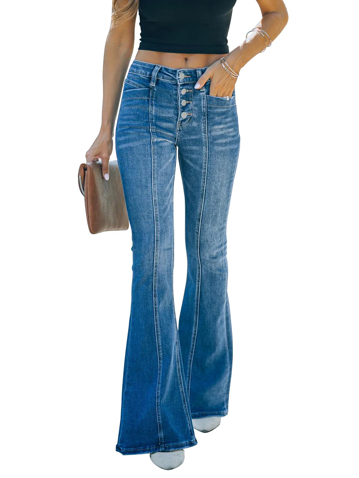 KUNMI Women Flared Jeans Bell Bottom High Waist Wide Leg Bootcut Stretch Jeans D