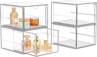 4 Pack Stackable Storage Drawers, Acrylic Cosmetic Drawer, Clear Desk Accessories, Latest Model Dustproof Drawer Storage for Dresser, Bathroom