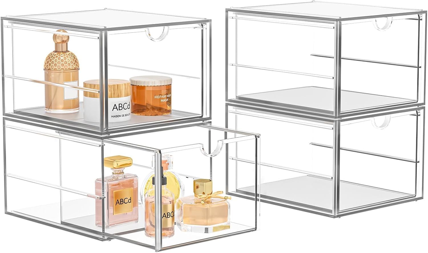 4 Pack Stackable Storage Drawers, Acrylic Cosmetic Drawer, Clear Desk Accessorie
