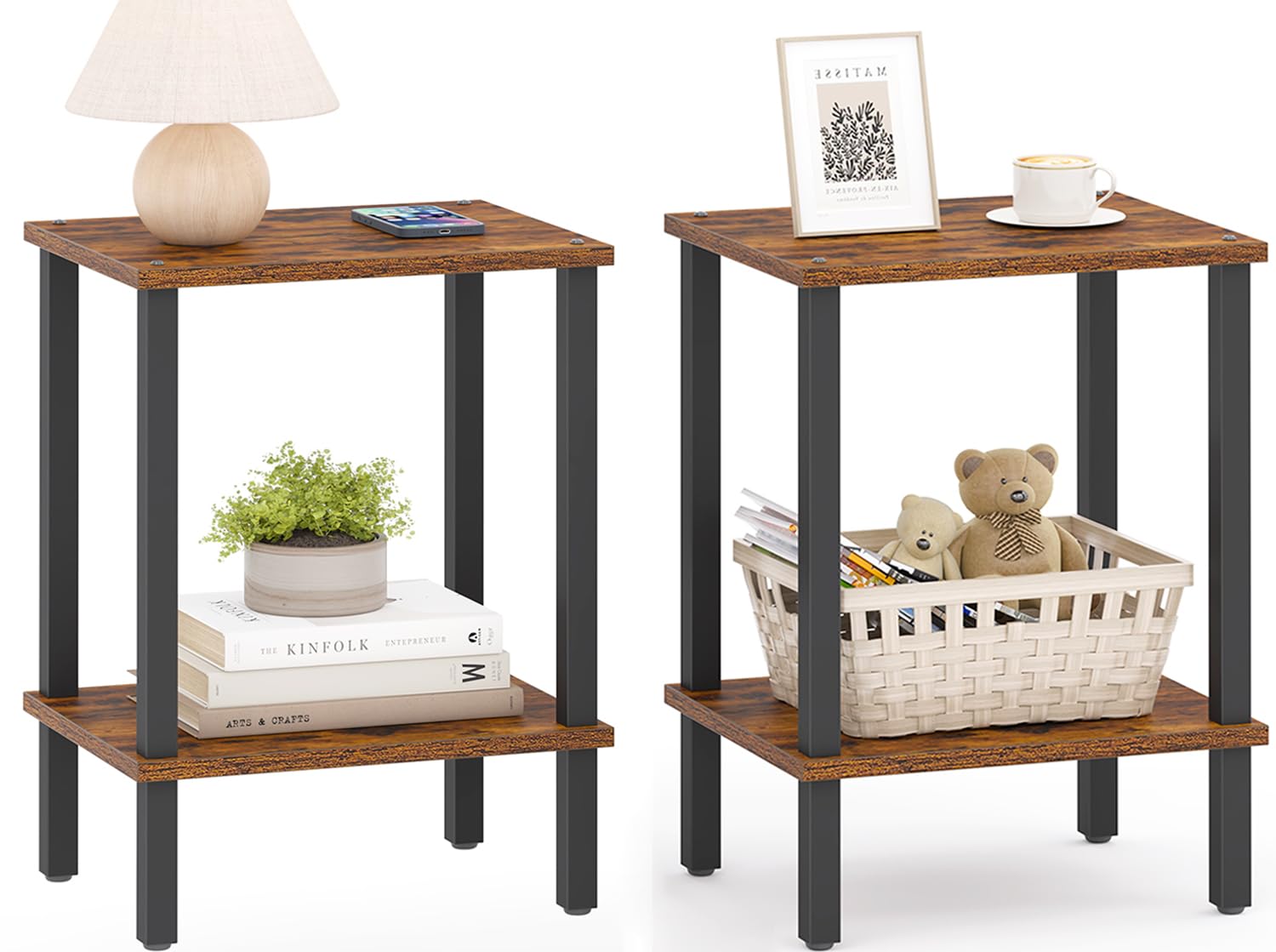 TUTOTAK End Table, Set of 2, Side Table, Nightstand, 2-Tier Storage Shelf, Sofa 