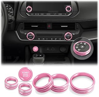 Polodunn for 2026 2025 2024 2023 2022 2021 Nissan Rogue Accessories with 8" Screen, 7pcs Aluminum Alloy Trim Set - A/C, Volume Tune &amp; 4WD Knob Cover, Push Start Button Cover/Ring (Pink)