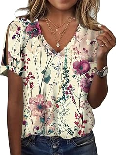 HOTYD Women's Boho Floral Print Ladies Short Sleeve Tops Summer Blouses Dressy Casual V Neck Cold Shoulder Tunic Tops