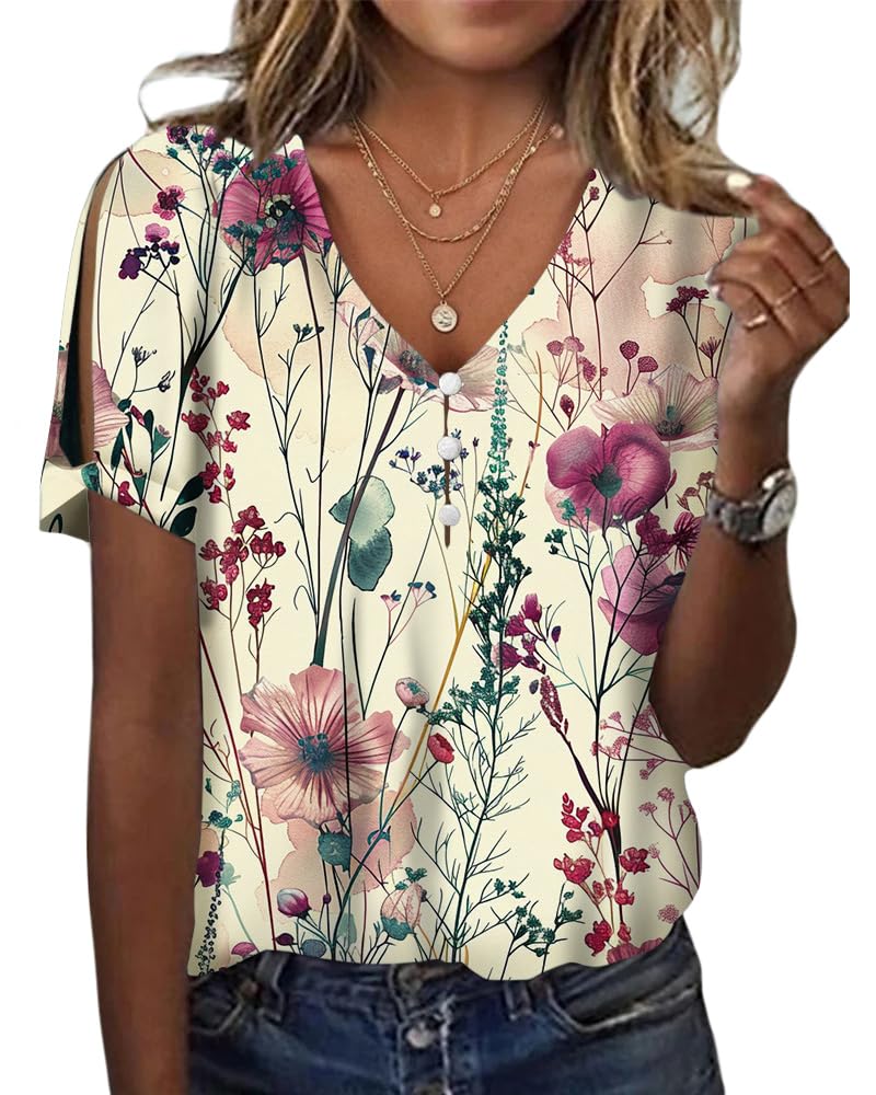HOTYD Women's Boho Floral Print Ladies Short Sleeve Tops Summer Blouses Dressy C