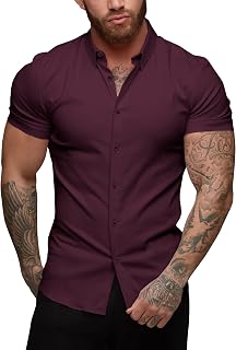 URRU Men's Muscle Shirt Slim Fit Stretch Short Sleeve Casual Button Down Shirts for Men