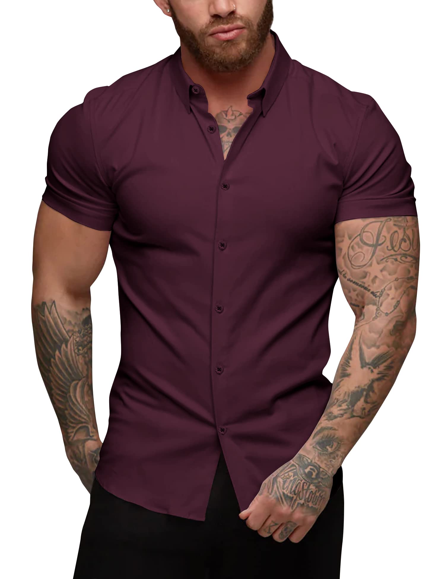 URRU Men's Muscle Shirt Slim Fit Stretch Short Sleeve Casual Button Down Shirts 