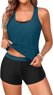Yonique 3 Piece Athletic Tankini Swimwear for Women with Swim Shorts Tank Tops with Sports Bra and Culottes Swimwear
